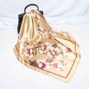 2/$30 NEW Tan Gold Beige Floral Cream Pink Flower Printed Silky Fashion Scarf